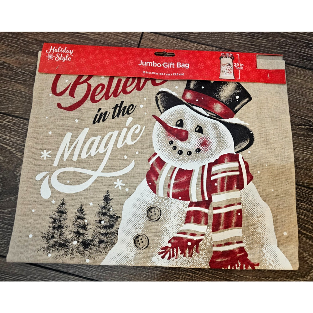Holiday Style Snowman Believe in Magic Gift Burlap Drawstring Bag New 18" by 29"